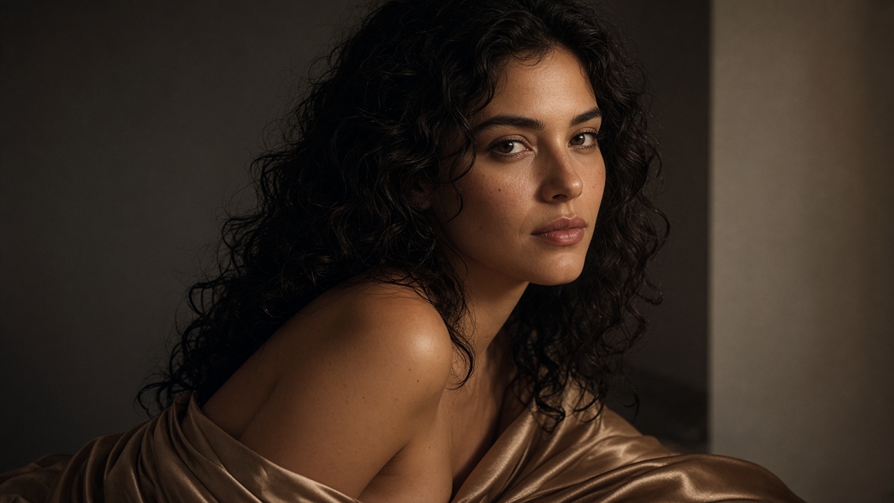 Fictional adult woman in a sensual cinematic scene illustrating AI-generated adult video